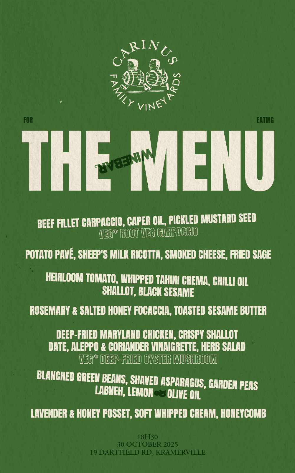 Carinus '24 Vintage Release Tasting & Dinner – Thurs 30 Oct